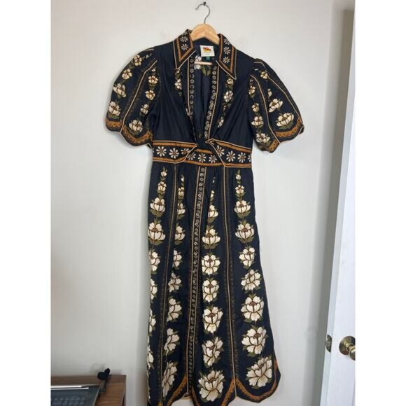 NEW Farm Rio Embroidered Floral Puff Short Sleeves Midi Dress Black Size: Small - Picture 2 of 7